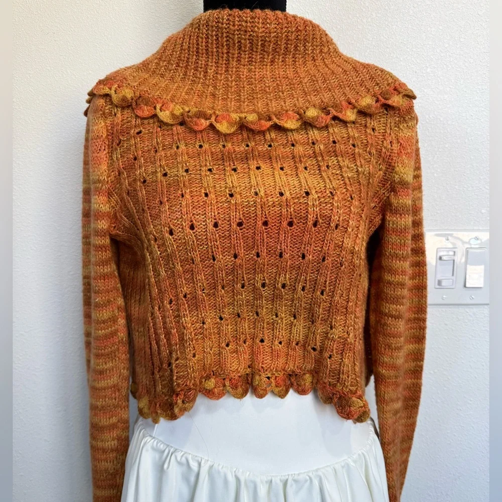 Hand-Knit Boho Cropped Cardigan Sweater small size - Picture 4 of 6